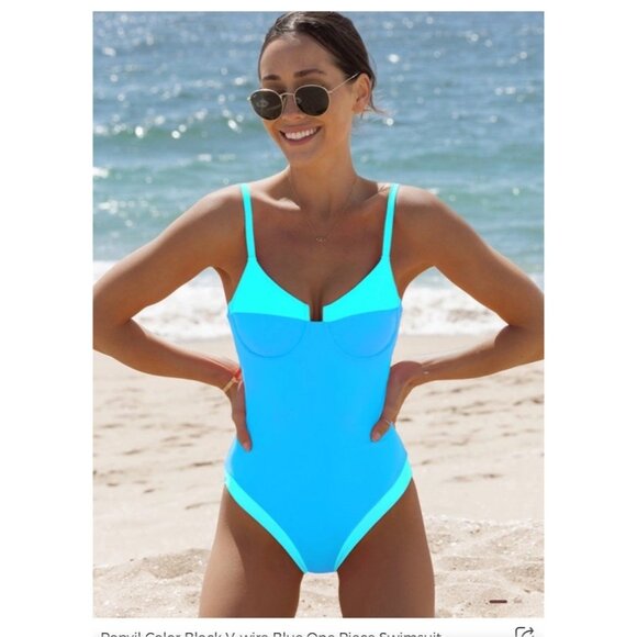 Popvil Women's Color Block V-wire Blue One Piece Swimsuit Blue Medium - Picture 1 of 5